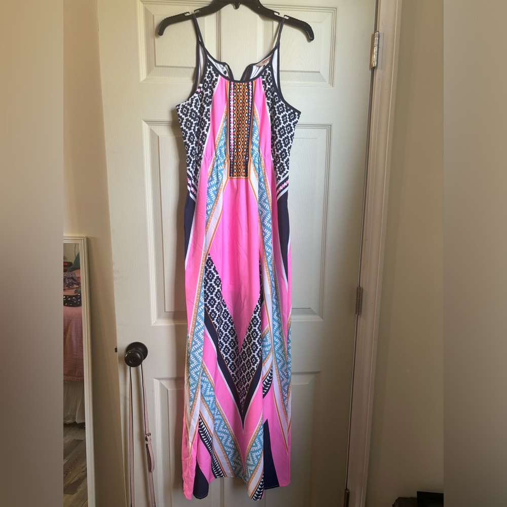Geometric print and bright colored floor length dress